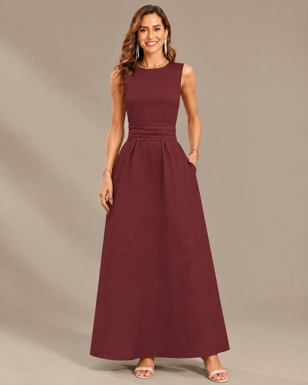 Round Neck Tie Waist Relaxed Maxi Dress – Sleeveless Textured Casual Dress | Oyese