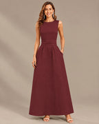 Round Neck Tie Waist Relaxed Maxi Dress – Sleeveless Textured Casual Dress | Oyese