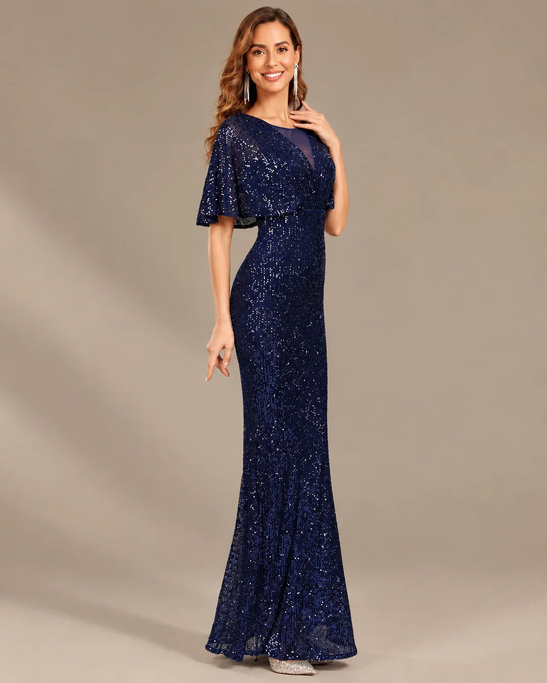 V-Neck Batwing Sleeve Sequin Mermaid Evening Gown | Oyese