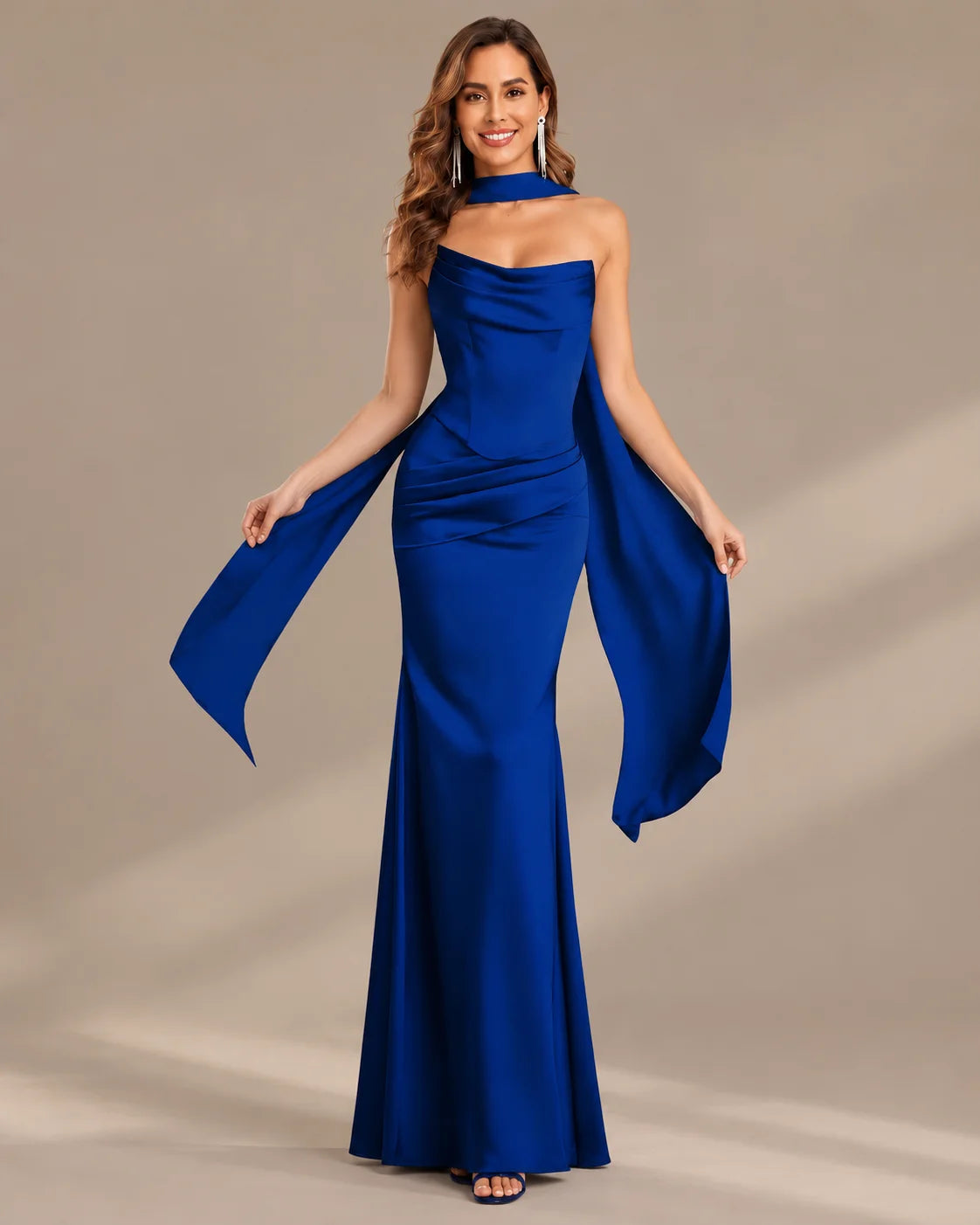 Satin Choker Neck Mermaid Gown – Asymmetric Draped Sleeve Formal Dress | Oyese
