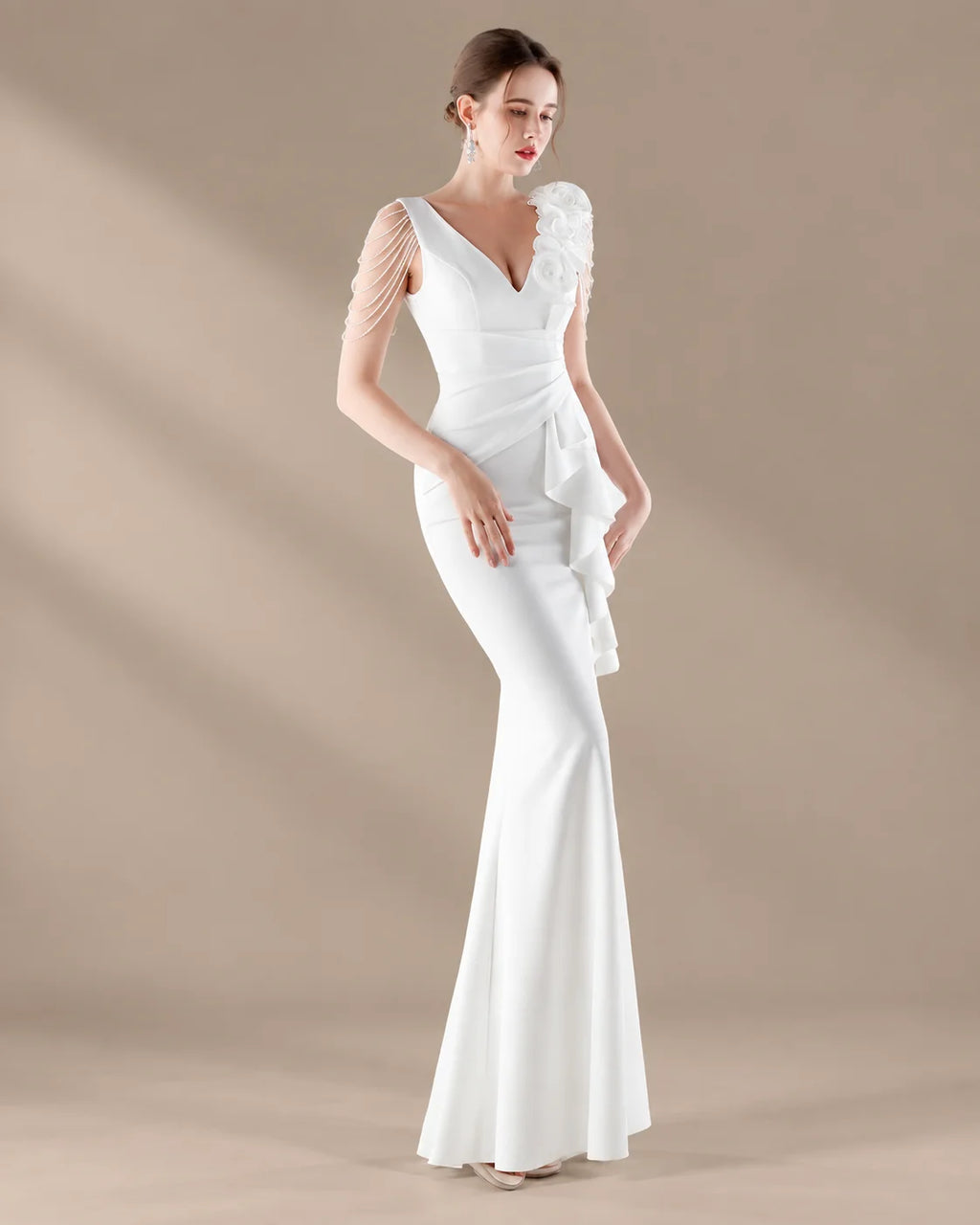 V-Neck 3D Floral Shoulder Beaded Mermaid Evening Gown | Oyese