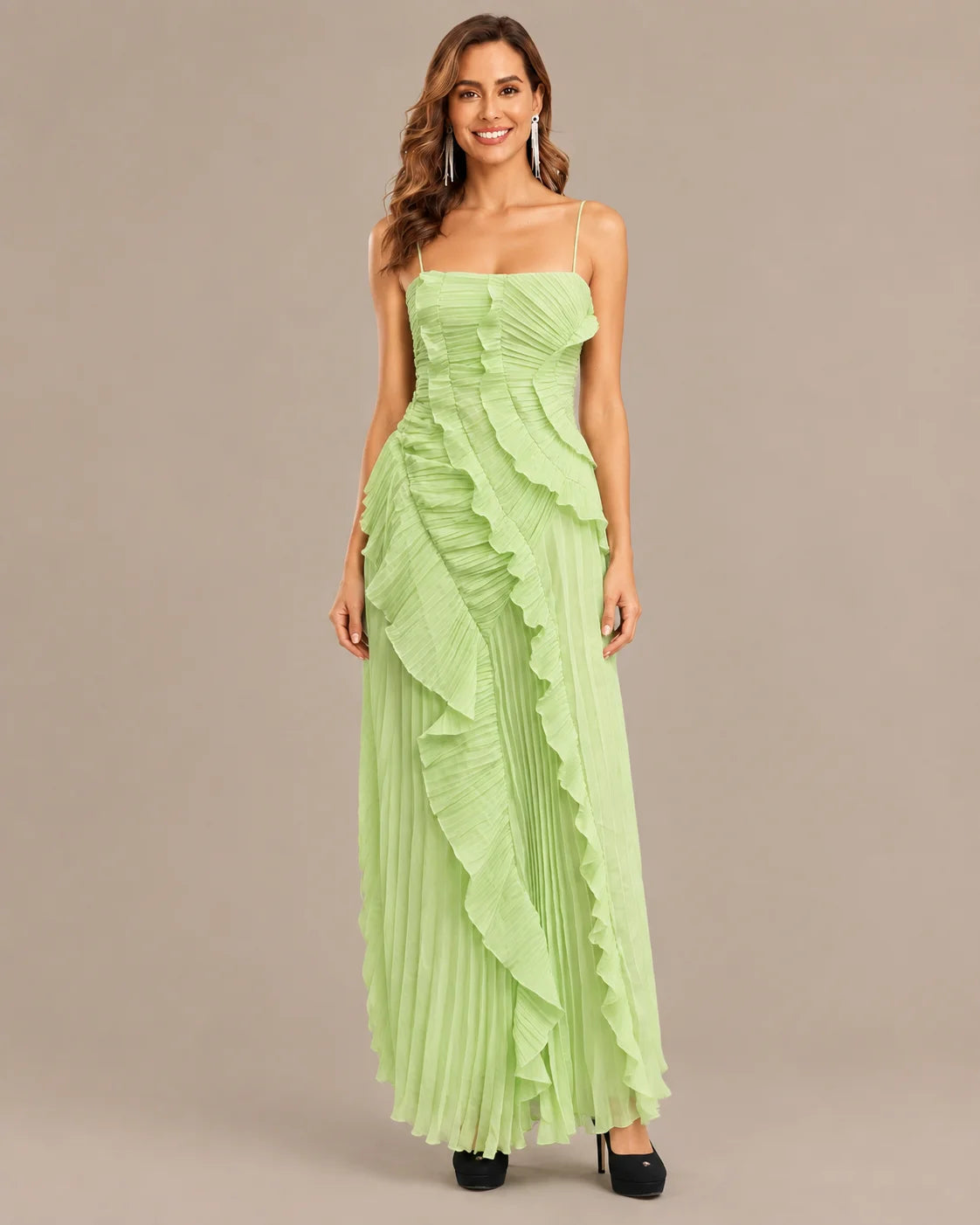 One-Shoulder Draped Ruffle High-Low Maxi Gown | Oyese