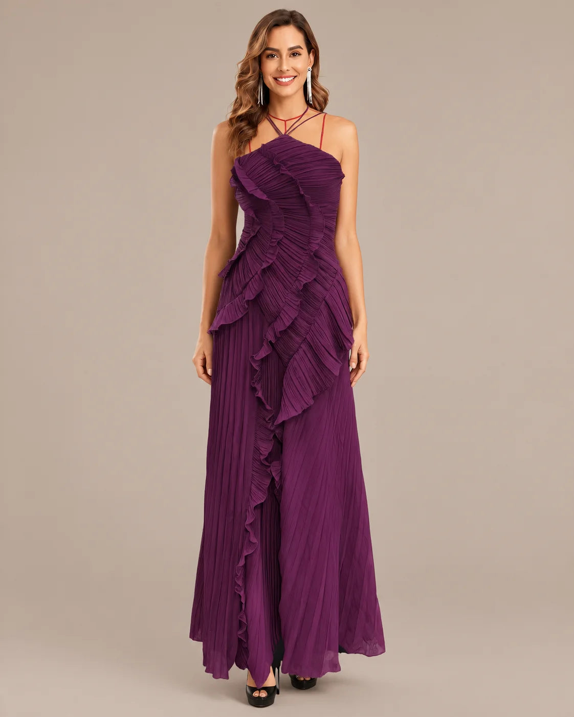 One-Shoulder Draped Ruffle High-Low Maxi Gown | Oyese