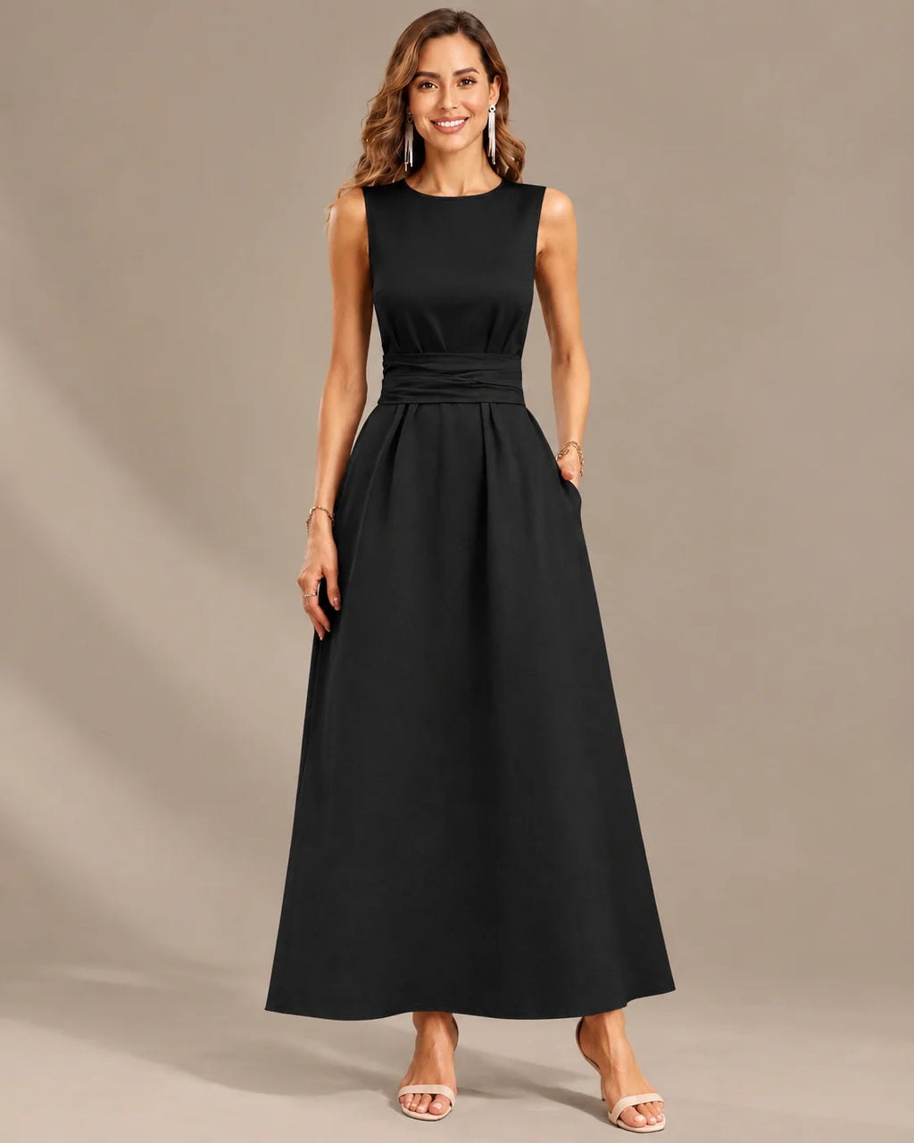 Round Neck Tie Waist Relaxed Maxi Dress – Sleeveless Textured Casual Dress | Oyese