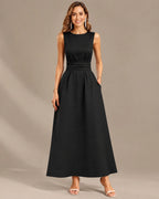 Round Neck Tie Waist Relaxed Maxi Dress – Sleeveless Textured Casual Dress | Oyese