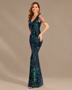 V-Neck Floral Sequin Embroidered Mermaid Evening Gown | Oyese