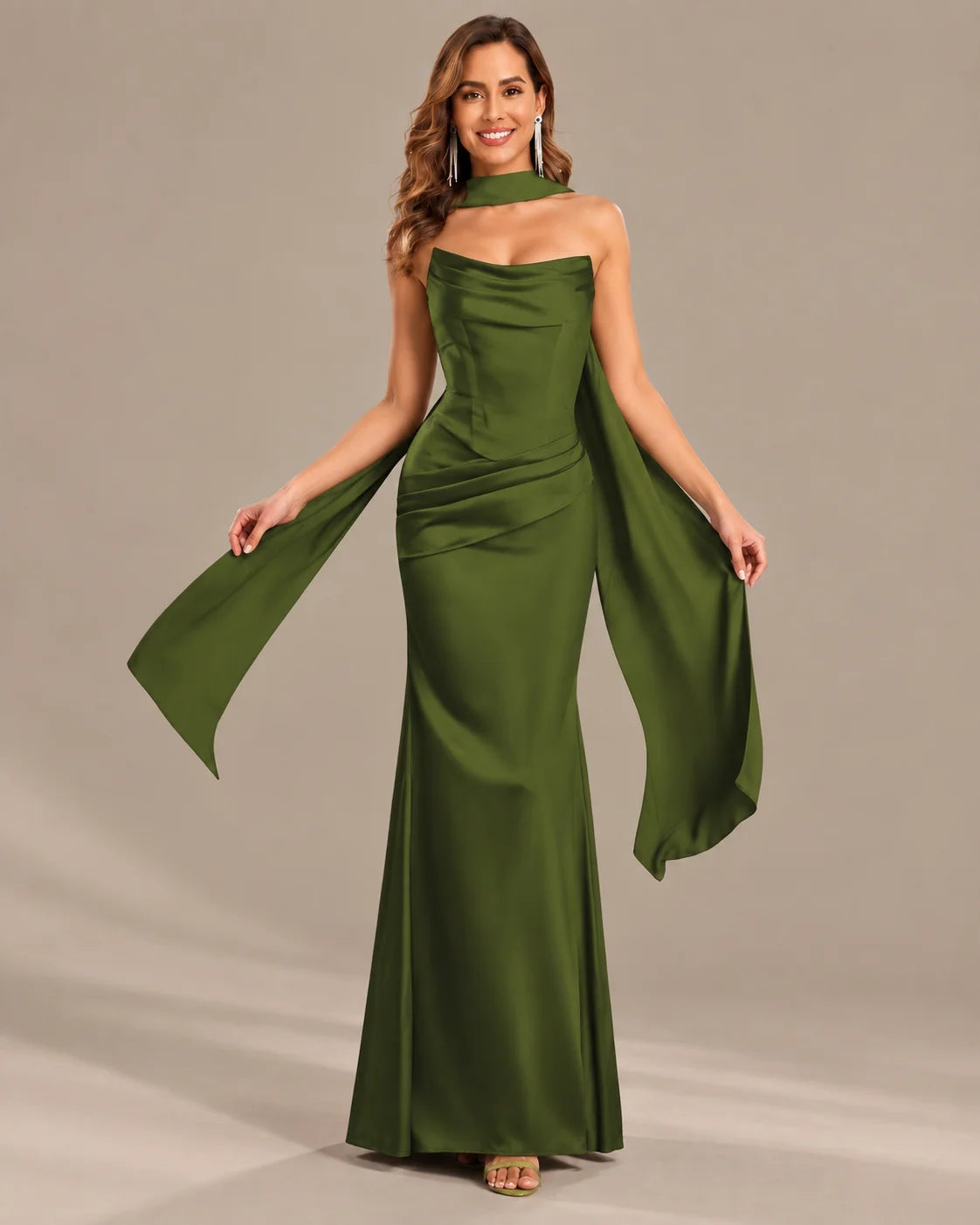 Satin Choker Neck Mermaid Gown – Asymmetric Draped Sleeve Formal Dress | Oyese