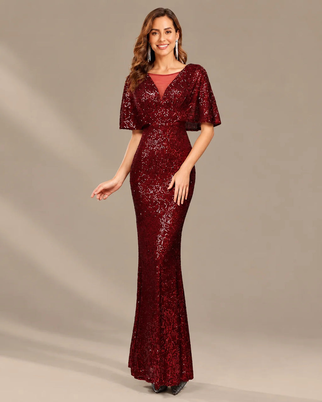 V-Neck Batwing Sleeve Sequin Mermaid Evening Gown | Oyese