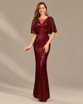 V-Neck Batwing Sleeve Sequin Mermaid Evening Gown | Oyese