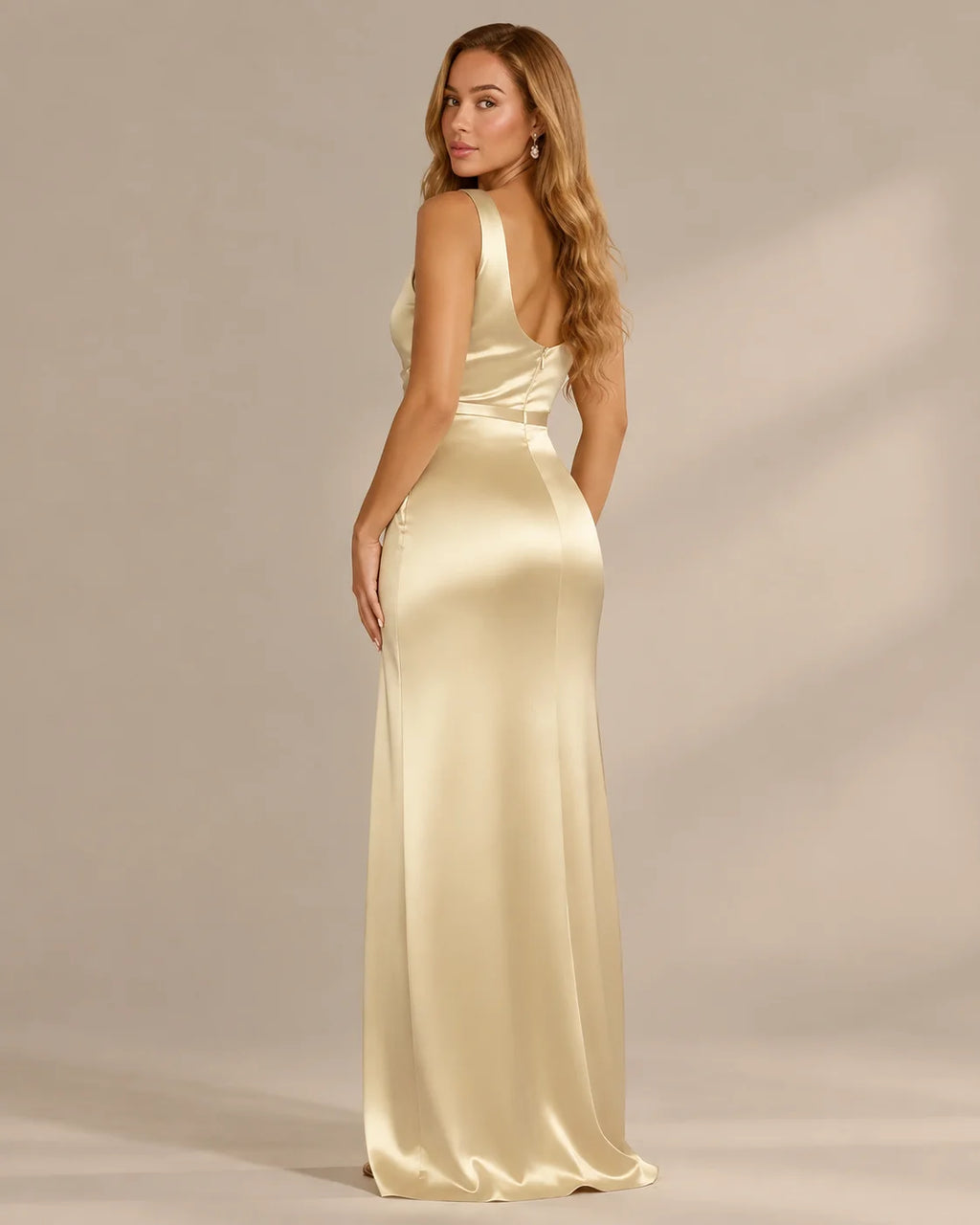 Satin Cowl Neck Ruched Maxi Dress – High Slit Evening Gown | Oyese