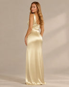 Satin Cowl Neck Ruched Maxi Dress – High Slit Evening Gown | Oyese