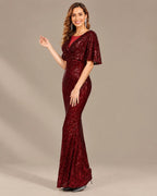 V-Neck Batwing Sleeve Sequin Mermaid Evening Gown | Oyese