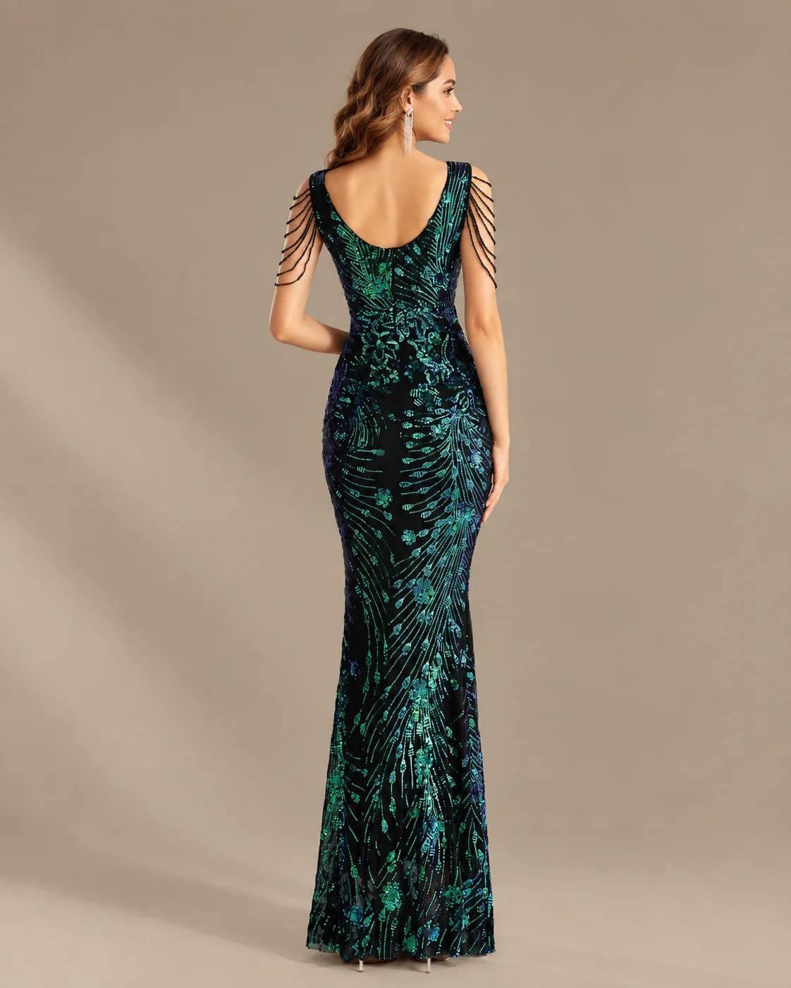 V-Neck Floral Sequin Embroidered Mermaid Evening Gown | Oyese
