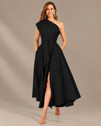 One-Shoulder Cap Sleeve Belted Fit and Flare Midi Dress | Oyese