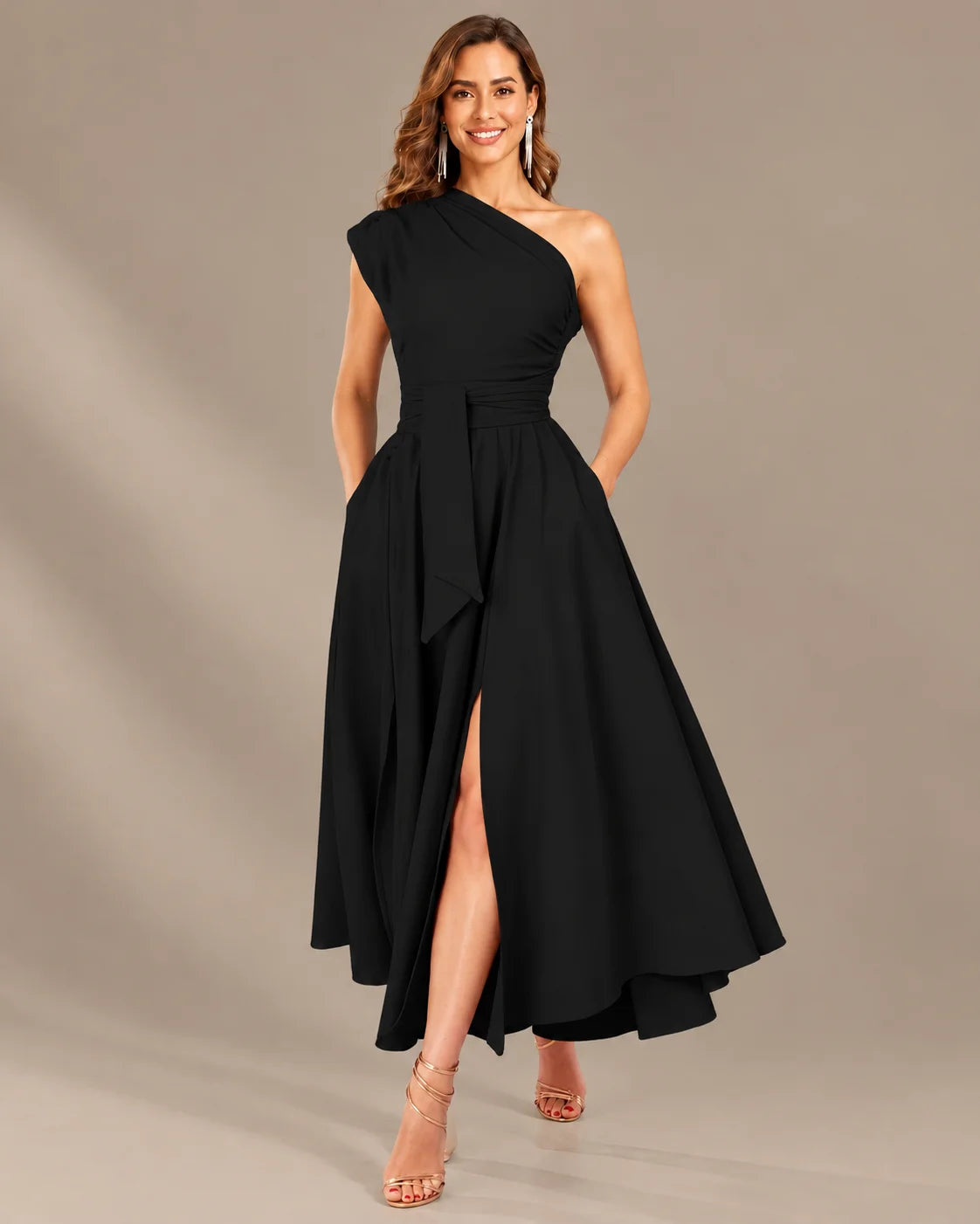 One-Shoulder Cap Sleeve Belted Fit and Flare Midi Dress | Oyese