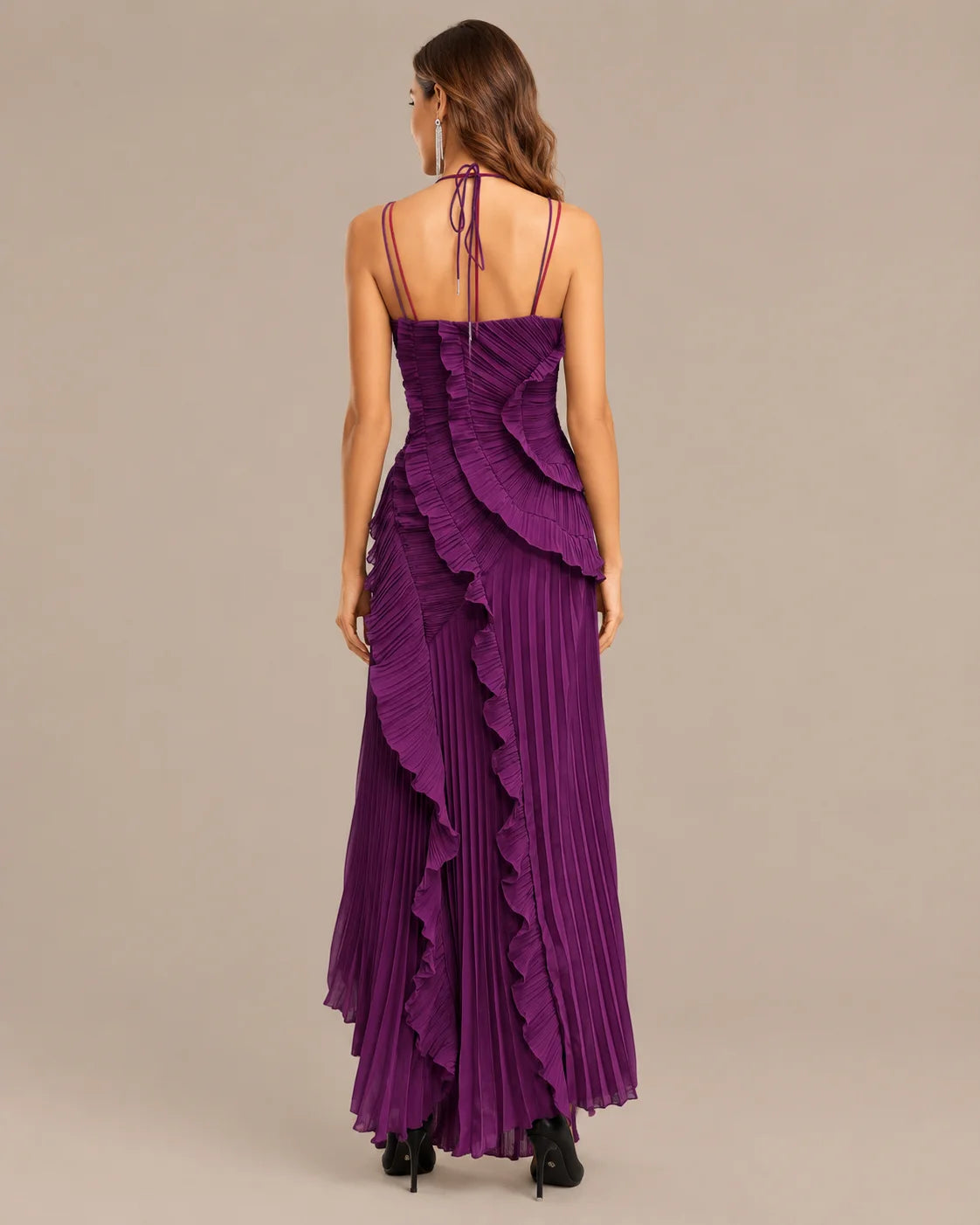 One-Shoulder Draped Ruffle High-Low Maxi Gown | Oyese