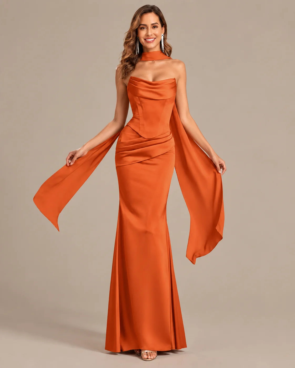 Satin Choker Neck Mermaid Gown – Asymmetric Draped Sleeve Formal Dress | Oyese