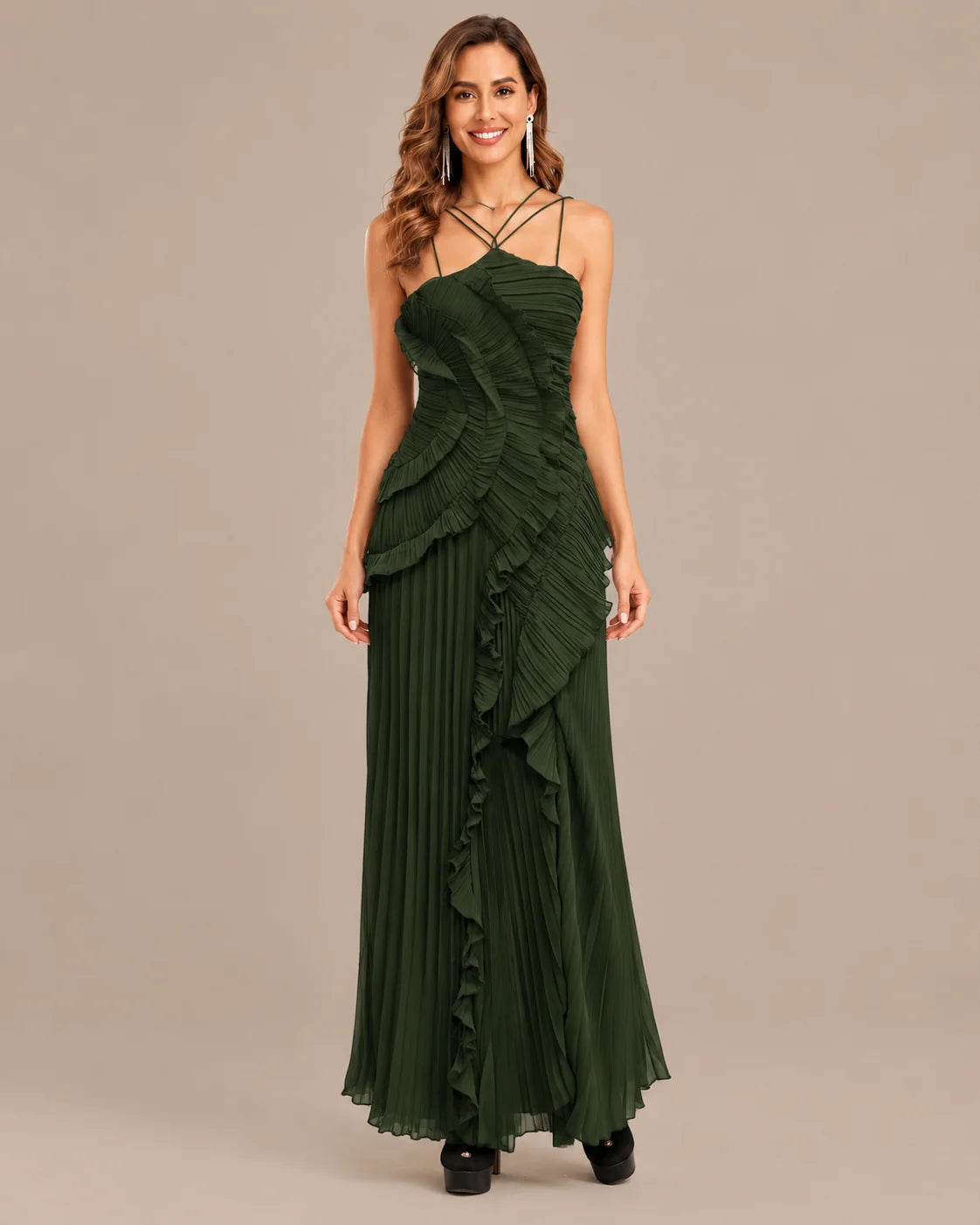 One-Shoulder Draped Ruffle High-Low Maxi Gown | Oyese