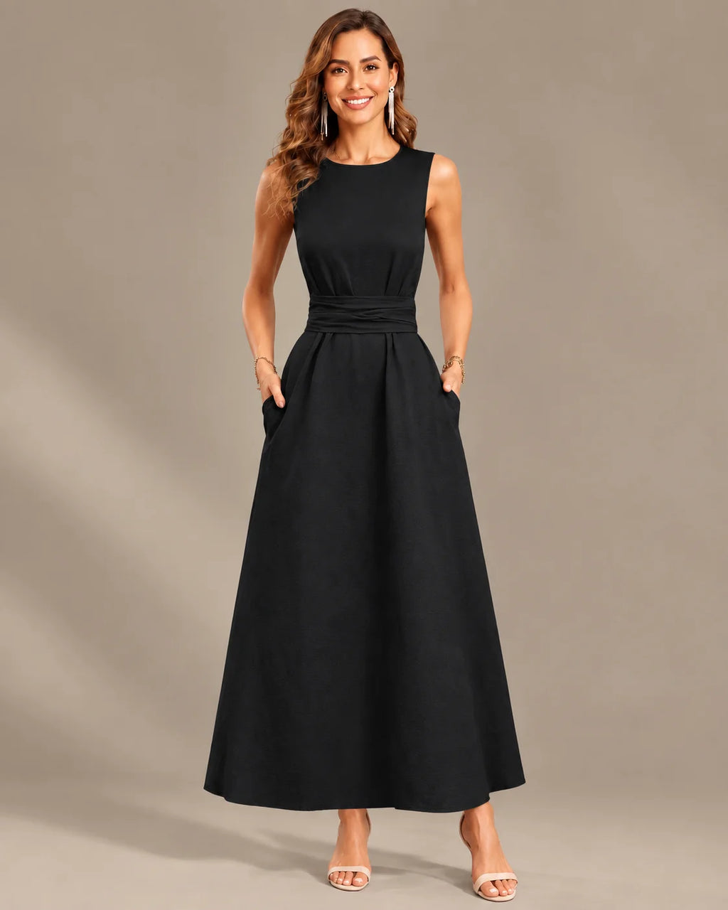 Round Neck Tie Waist Relaxed Maxi Dress – Sleeveless Textured Casual Dress | Oyese