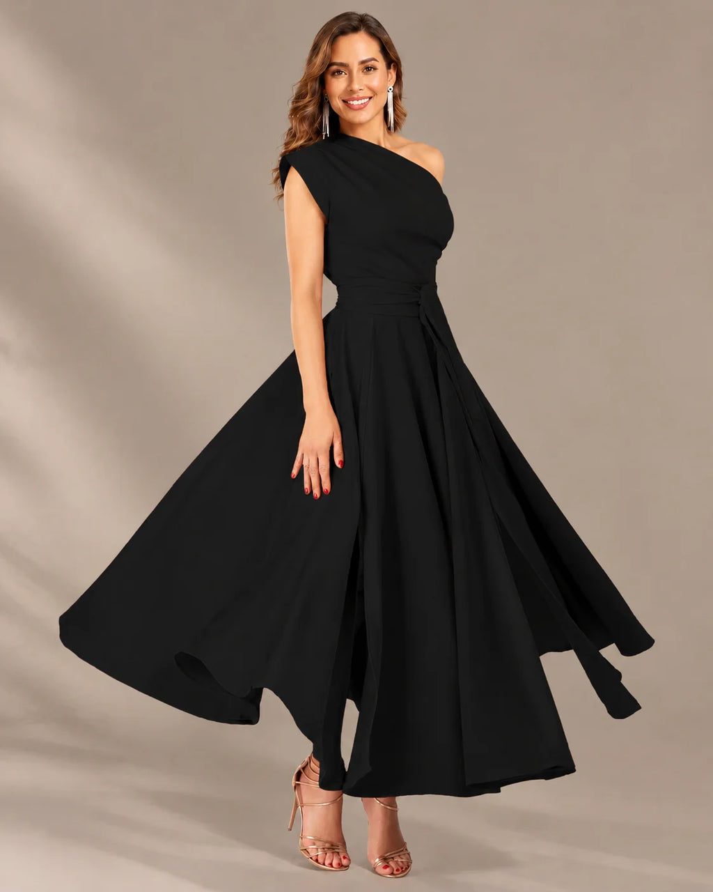 One-Shoulder Cap Sleeve Belted Fit and Flare Midi Dress | Oyese