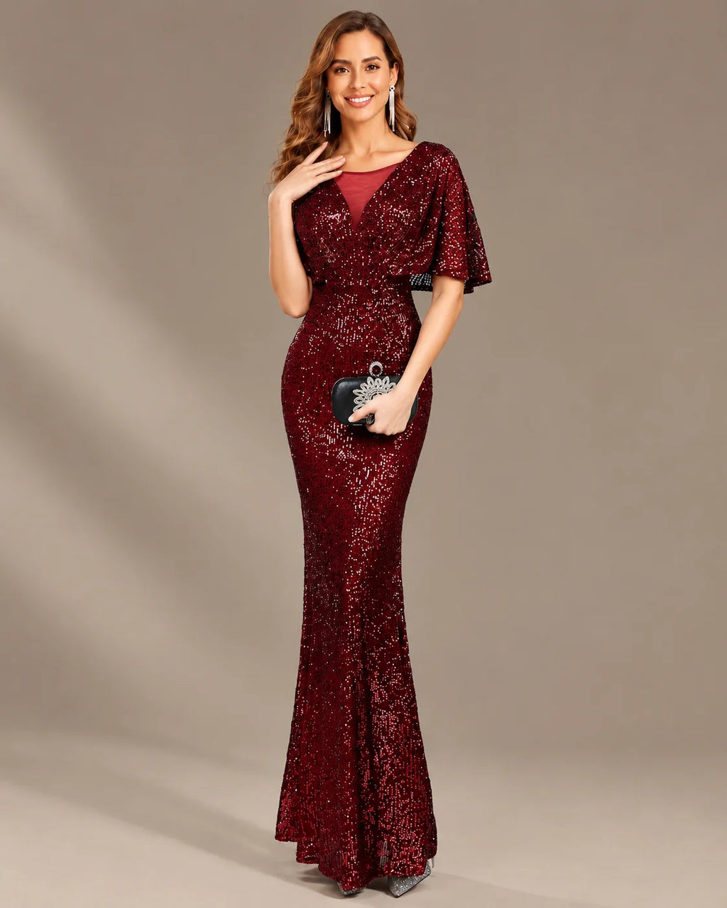 V-Neck Batwing Sleeve Sequin Mermaid Evening Gown | Oyese