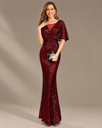 V-Neck Batwing Sleeve Sequin Mermaid Evening Gown | Oyese