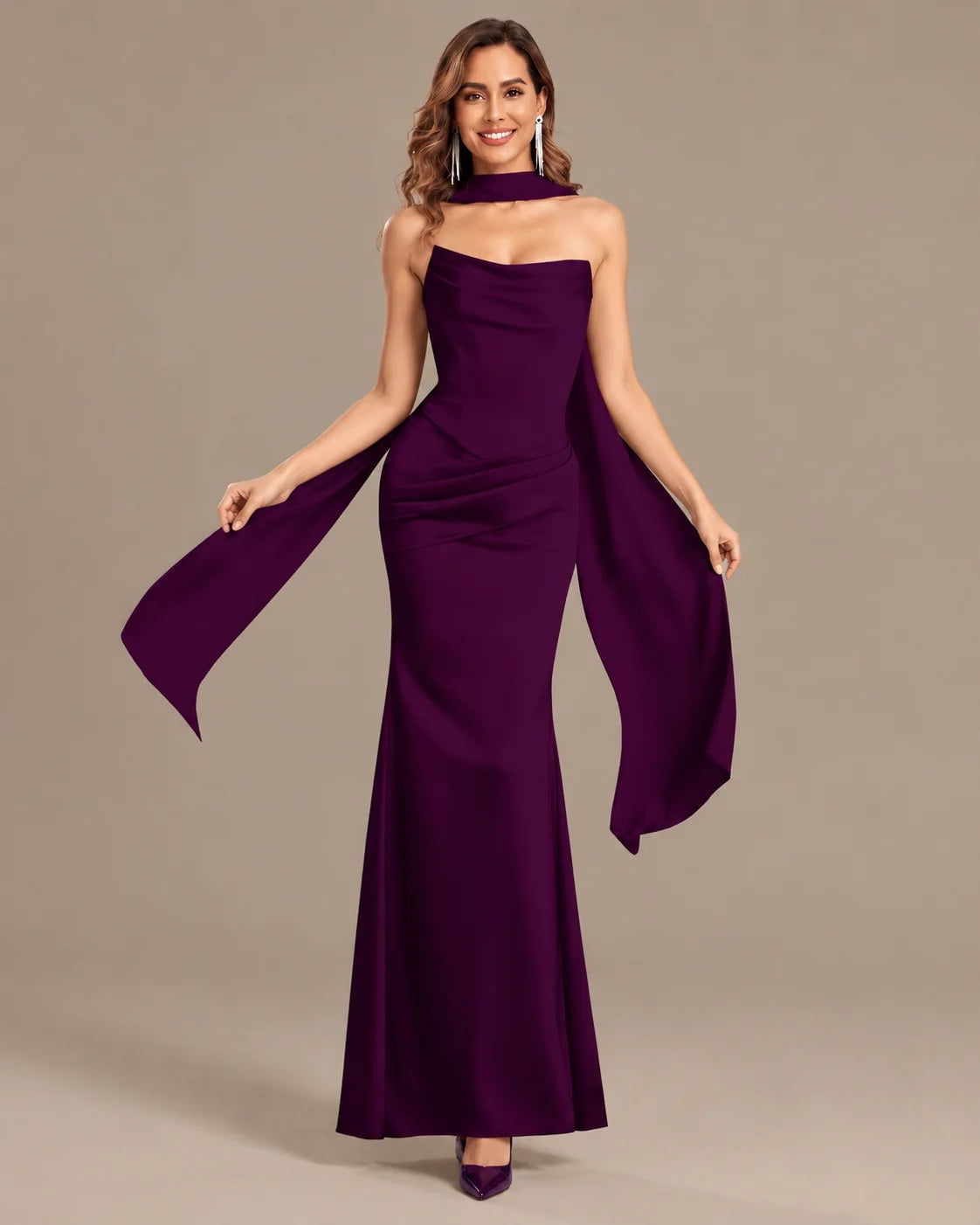 Satin Choker Neck Mermaid Gown – Asymmetric Draped Sleeve Formal Dress | Oyese
