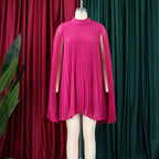 Mock Neck Pleated Chiffon Cape Shift Dress | Oyese