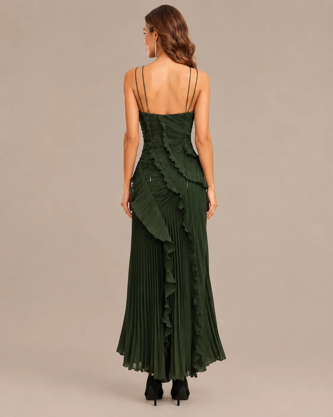 One-Shoulder Draped Ruffle High-Low Maxi Gown | Oyese