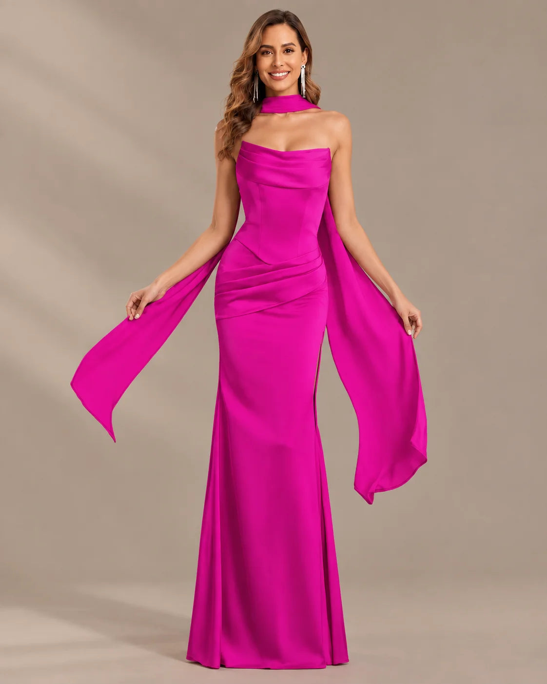 Satin Choker Neck Mermaid Gown – Asymmetric Draped Sleeve Formal Dress | Oyese