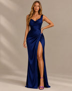 Satin Cowl Neck Ruched Maxi Dress – High Slit Evening Gown | Oyese