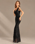 V-Neck Floral Sequin Embroidered Mermaid Evening Gown | Oyese