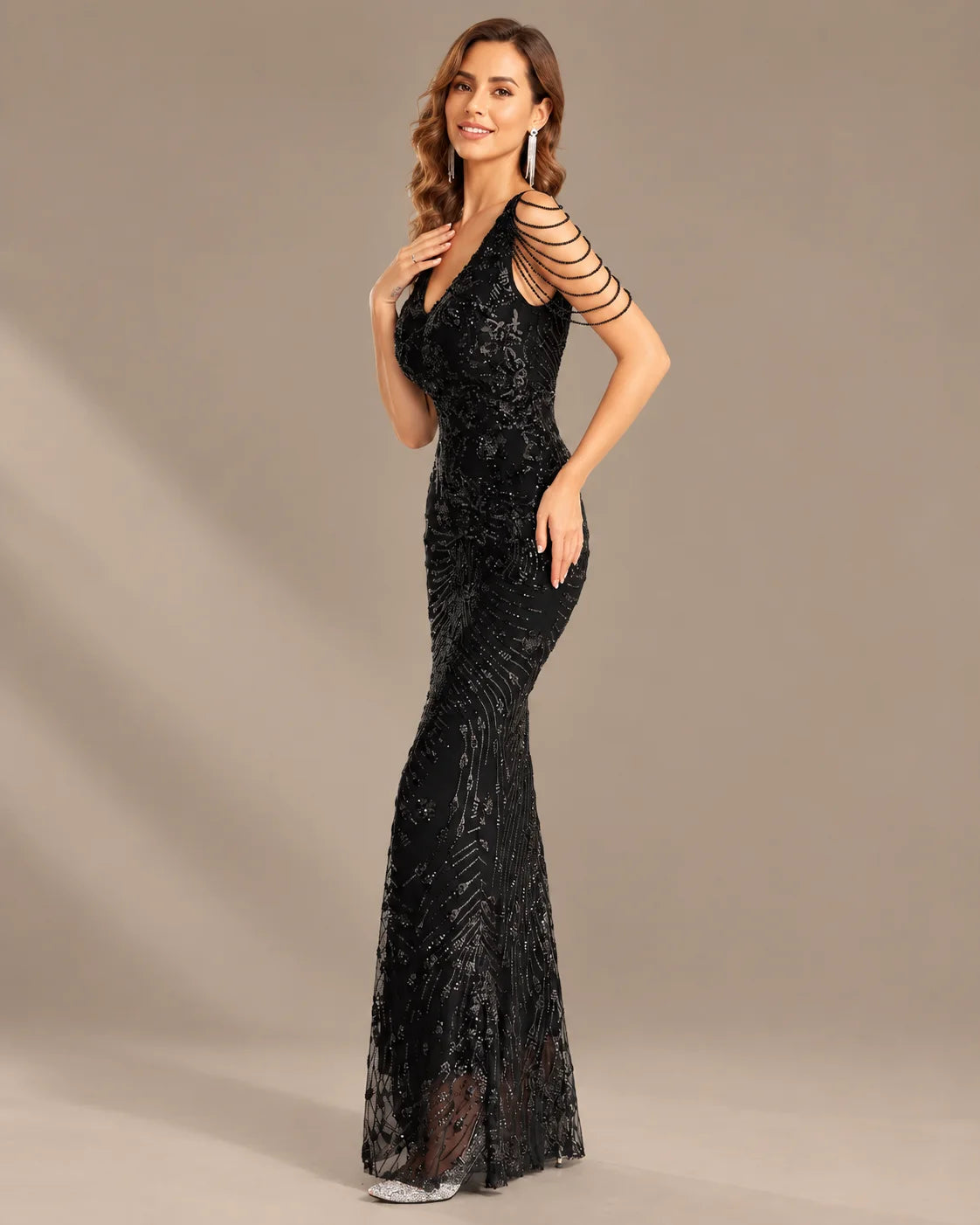 V-Neck Floral Sequin Embroidered Mermaid Evening Gown | Oyese