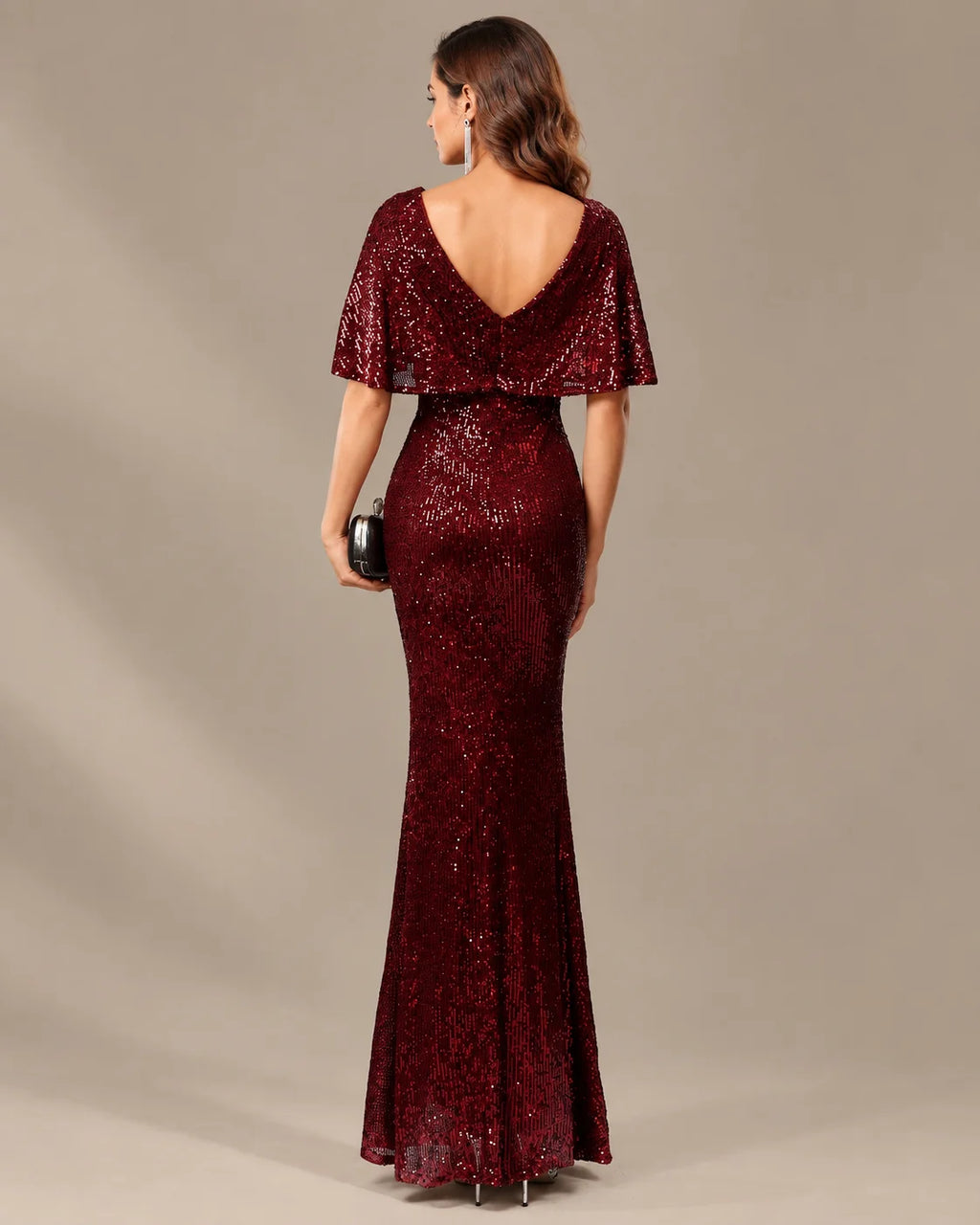 V-Neck Batwing Sleeve Sequin Mermaid Evening Gown | Oyese