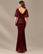 V-Neck Batwing Sleeve Sequin Mermaid Evening Gown | Oyese
