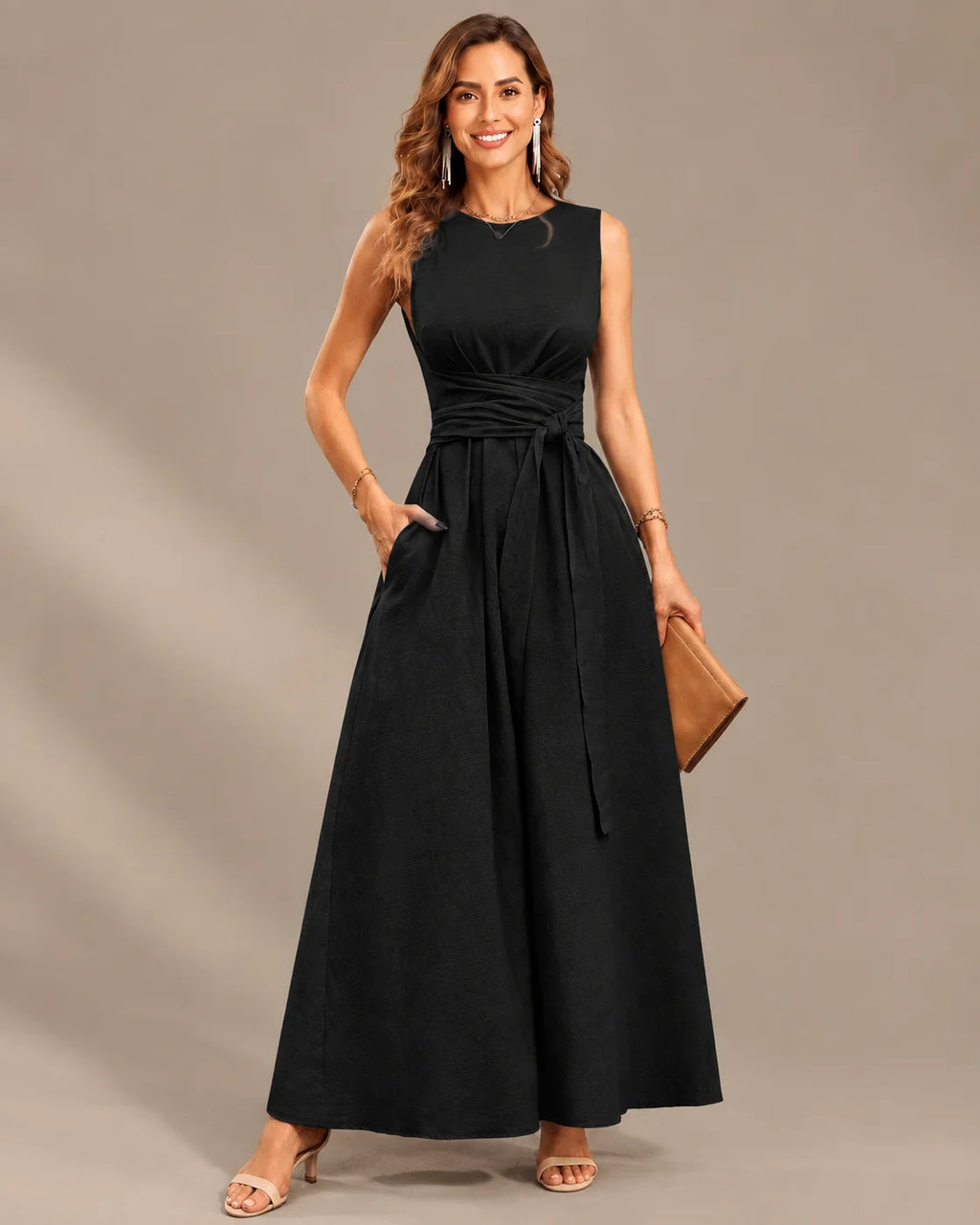 Round Neck Tie Waist Relaxed Maxi Dress – Sleeveless Textured Casual Dress | Oyese