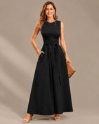 Round Neck Tie Waist Relaxed Maxi Dress – Sleeveless Textured Casual Dress | Oyese