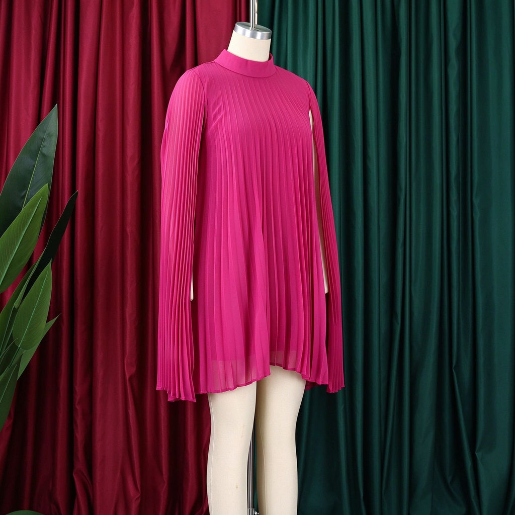 Mock Neck Pleated Chiffon Cape Shift Dress | Oyese