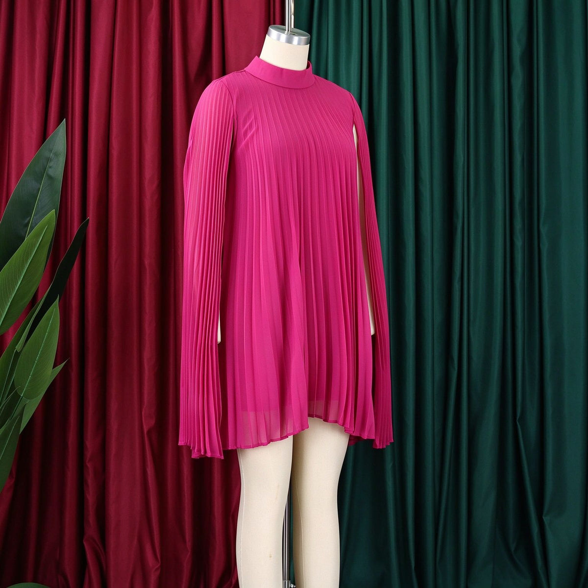 Mock Neck Pleated Chiffon Cape Shift Dress | Oyese