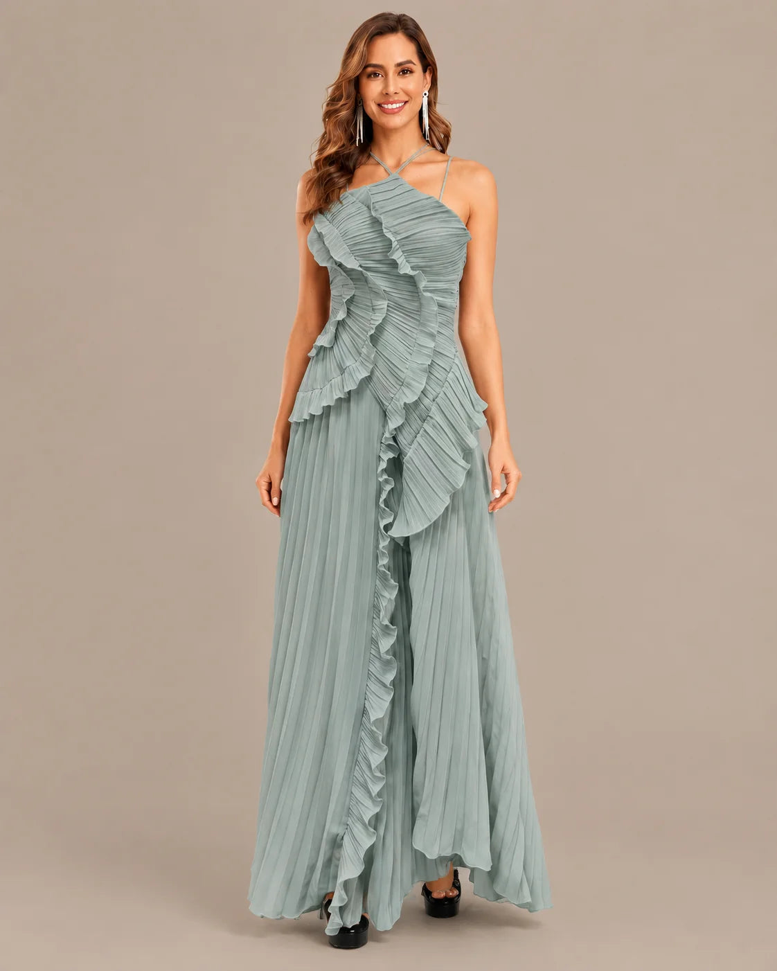 One-Shoulder Draped Ruffle High-Low Maxi Gown | Oyese