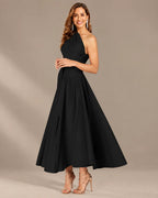 One-Shoulder Cap Sleeve Belted Fit and Flare Midi Dress | Oyese