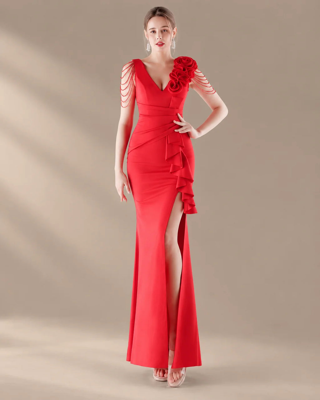 V-Neck 3D Floral Shoulder Beaded Mermaid Evening Gown | Oyese