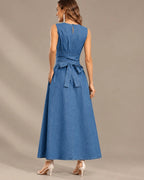 Round Neck Tie Waist Relaxed Maxi Dress – Sleeveless Textured Casual Dress | Oyese