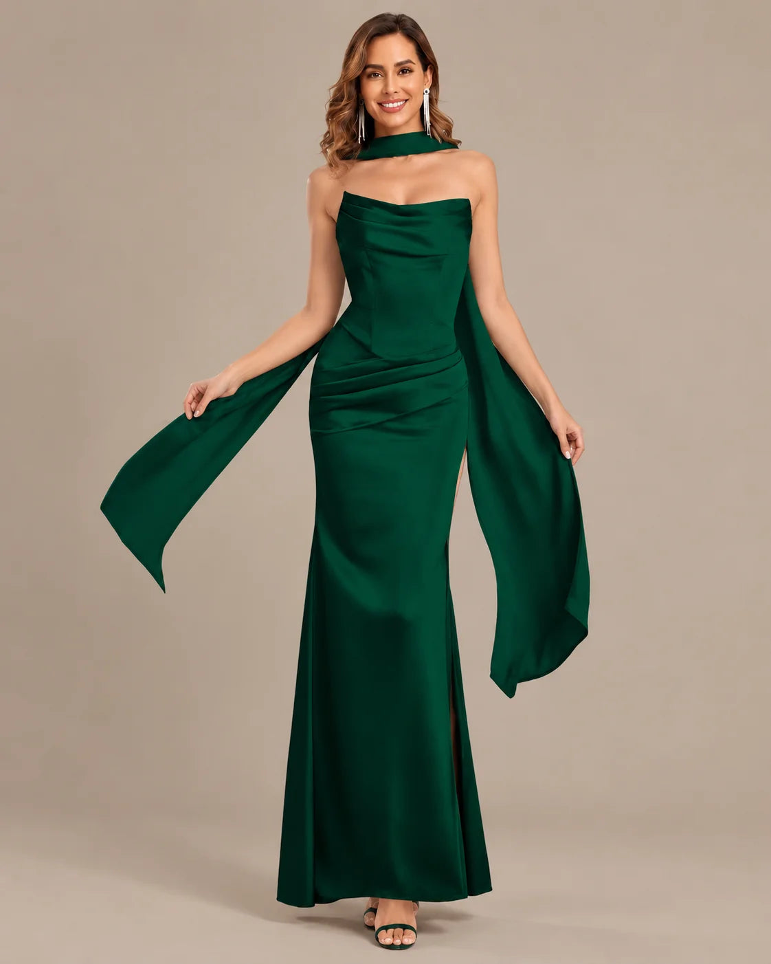 Satin Choker Neck Mermaid Gown – Asymmetric Draped Sleeve Formal Dress | Oyese