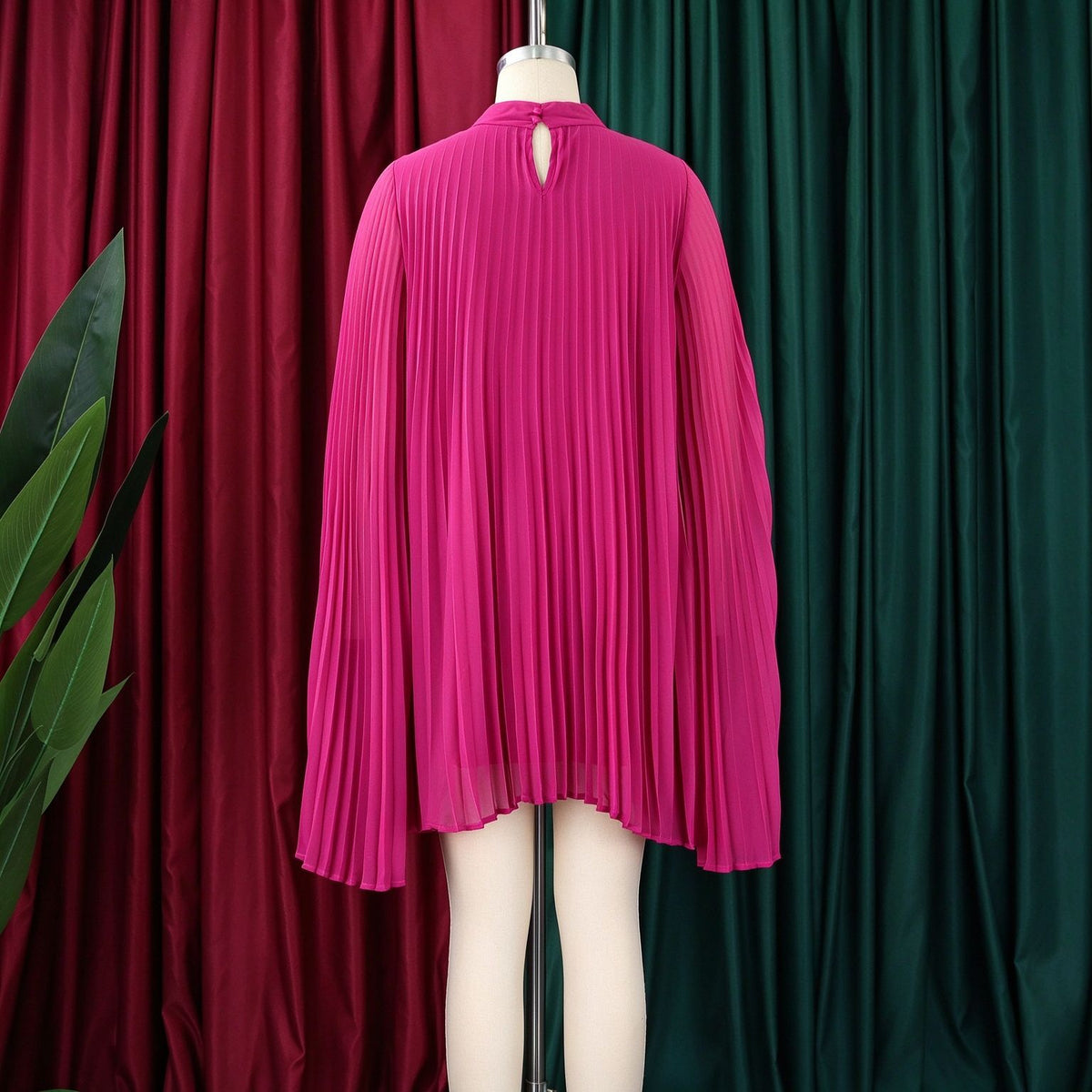 Mock Neck Pleated Chiffon Cape Shift Dress | Oyese