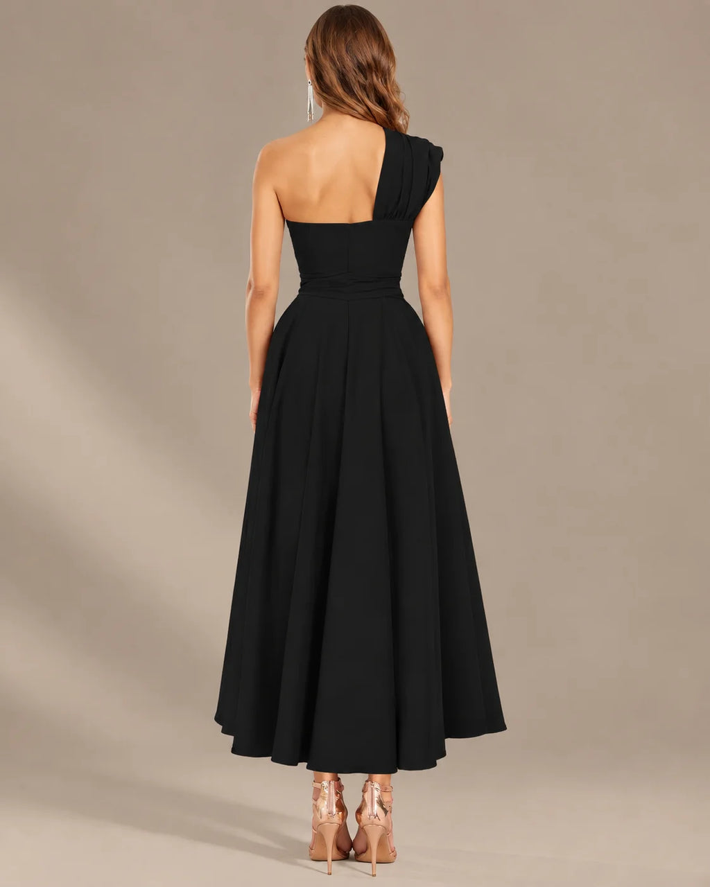 One-Shoulder Cap Sleeve Belted Fit and Flare Midi Dress | Oyese