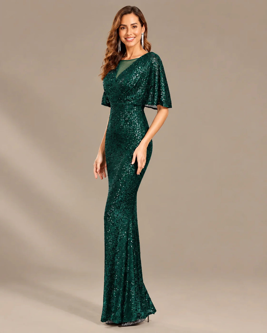 V-Neck Batwing Sleeve Sequin Mermaid Evening Gown | Oyese