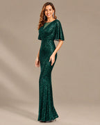 V-Neck Batwing Sleeve Sequin Mermaid Evening Gown | Oyese