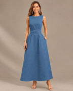 Round Neck Tie Waist Relaxed Maxi Dress – Sleeveless Textured Casual Dress | Oyese