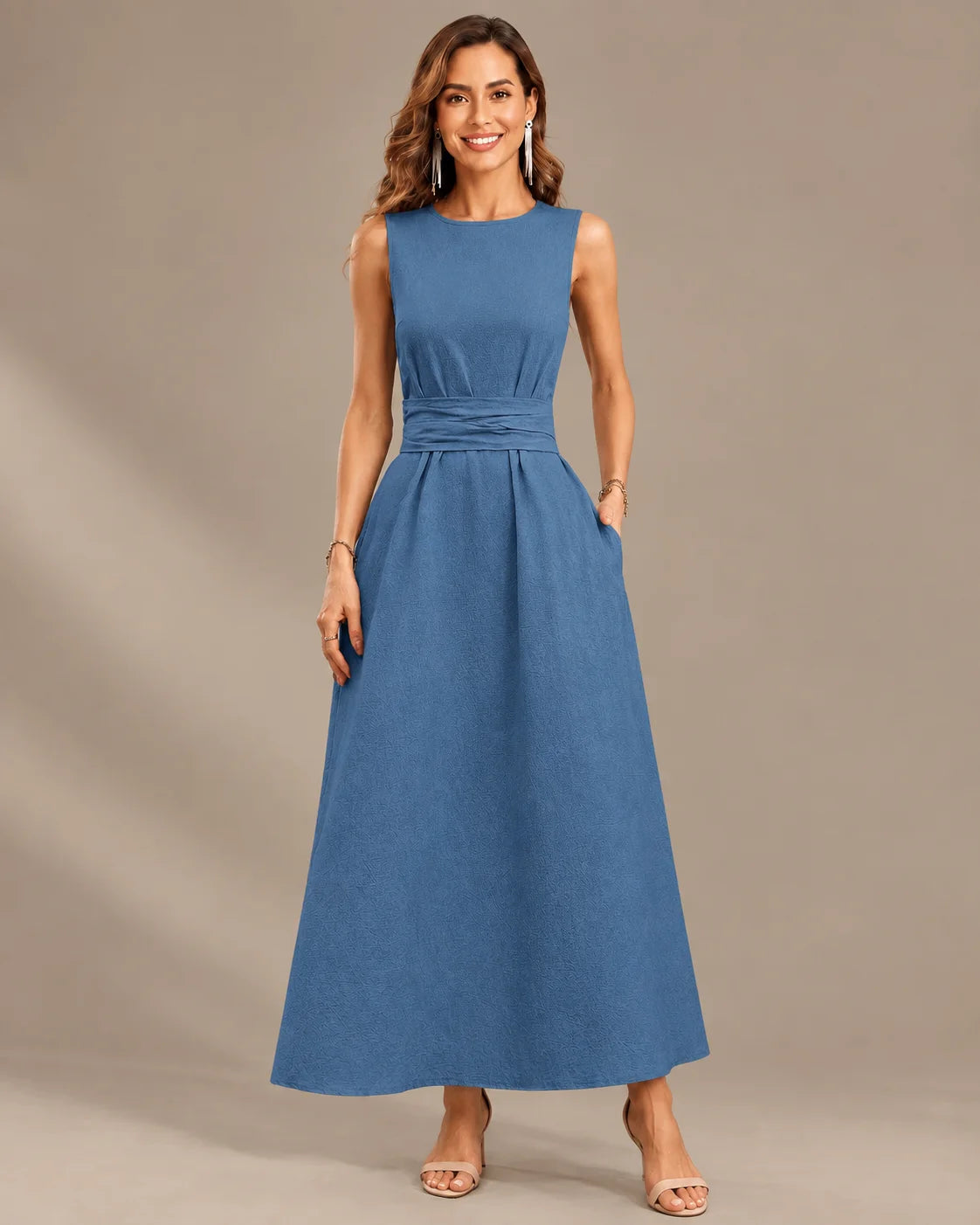 Round Neck Tie Waist Relaxed Maxi Dress – Sleeveless Textured Casual Dress | Oyese